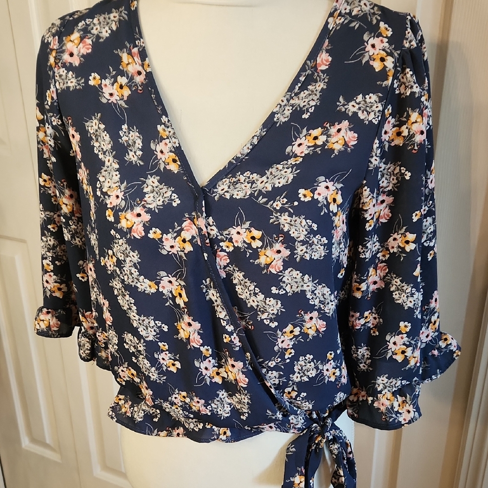Sienna Sky Blue Flutter Sleeve Tie Front Blouse